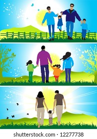 Happy family walks on nature