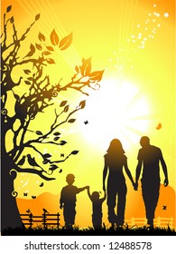 Happy family walks on nature, sunset