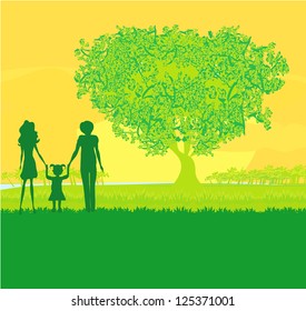  Happy family walks on nature, sunset