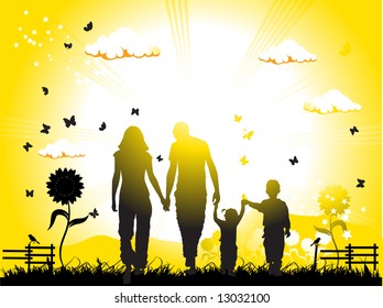 Happy family walks on nature, sunset