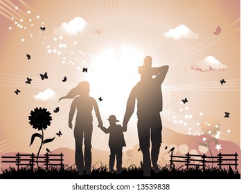 Happy family walks on nature, sunset