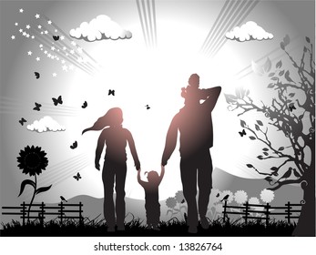 Happy family walks on nature, sunset