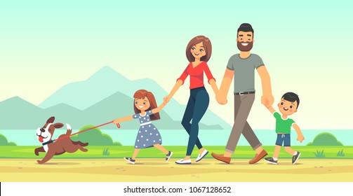 Happy family walks on the road along the sea. Father, mother, son and daughter together outdoors. Vector illustration flat style.