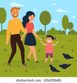 Happy family walks outdoors and feeds pigeons. Mother, father and daughter in ther park. Summer of spring season leisure time. Vector illustration in a flat style