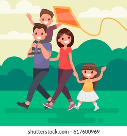 Happy Family Walks Outdoors And Launches A Kite. Vector Illustration In A Flat Style