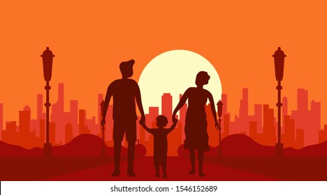 Happy family walks in a public park. Silhouettes of a family walking against the backdrop of sunset and urban landscape. Young and beautiful family.Flat, vector cartoon illustration. Vector.