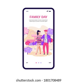 A happy family walks and rests in the city park with fountain and flowers. Young couple is outdoor at leisure or on weekends. Vector cartoon illustration. Landing page for a mobile app