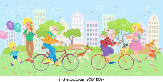 Happy family walks and rests in the city park. Parents with children, grandparents on bicycles.  In  cartoon style. Vector illustration.