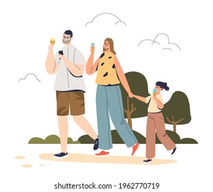 Happy family walks in summer park eating sweet ice cream. Cartoon parents and daughter spend time together outdoors. Mom and dad with kid. Flat vector illustration