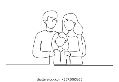 Happy family walks together. One line drawing vector illustration, One single line drawing of young mom and dad holding their son and daughter hand vector illustration.