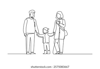 Happy family walks together. One line drawing vector illustration, One single line drawing of young mom and dad holding their son and daughter hand vector illustration.