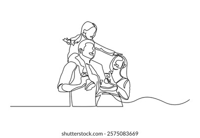 Happy family walks together. One line drawing vector illustration, One single line drawing of young mom and dad holding their son and daughter hand vector illustration.