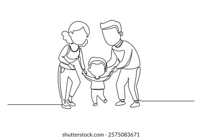 Happy family walks together. One line drawing vector illustration, One single line drawing of young mom and dad holding their son and daughter hand vector illustration.