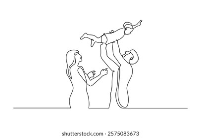 Happy family walks together. One line drawing vector illustration, One single line drawing of young mom and dad holding their son and daughter hand vector illustration.