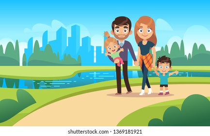 Happy family walks. Walk summer park city nature happiness love families character mother father daughter son kids pet cartoon vector illustration