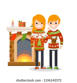 A happy family in warm winter sweaters stands near the Fireplace with colored boxes with gifts and a candle. Man and woman celebrate new year and Christmas. Cartoon flat illustration