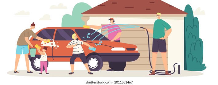 Happy Family Wash Car at Cottage Back Yard. Characters Weekend Chores, Household Activity. Mother, Father and Children Cleaning Automobile, Spend Time and Fun. Cartoon People Vector Illustration