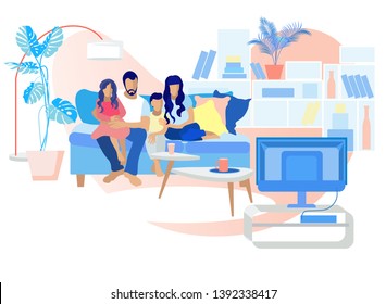 Happy Family Watch TV. Mother, Father, Daughter and Son Sitting on Sofa Spending Time Together during Television Program. Everyday Routine, Loving Relations, Happiness Cartoon Flat Vector Illustration