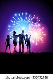  A Happy Family Watching A Fireworks Display. Vector Illustration.