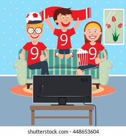 Happy Family Watching Football Together on TV. Vector illustration