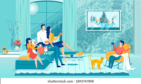 Happy Family Watching Holidays Show on TV-Set Drinking Tea or Coffee, Eating Sweets. Cozy Living Room Interior at Home. Christmas, New Year Video Recording. Sweet Moments. Vector Flat Illustration