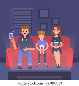 
Happy family watching  movie at home. Flat style vector illustration.