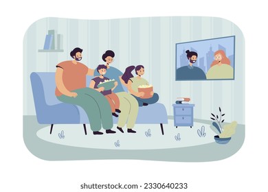 Happy family watching movie vector illustration. Parents and children cuddling on couch, sharing popcorn, having movie night at home. Family reunion, parenting, quality time, entertainment concept