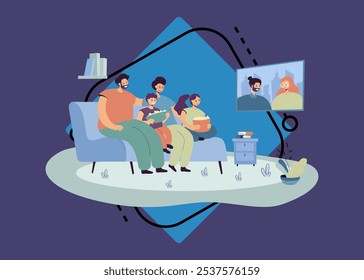 Happy family watching movie vector illustration. Parents and children cuddling on couch, sharing popcorn, having movie night at home. Family reunion, parenting, quality time, entertainment concept