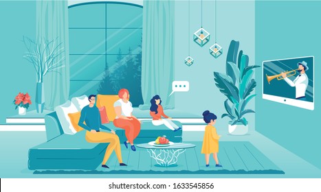 Happy Family Watching Television Sitting on Sofa Flat Cartoon Vector Illustration. Man Holding Remote Control. Parents with Daughters Sitting on Couch in Livin Room. Man Playing Musical Instument.