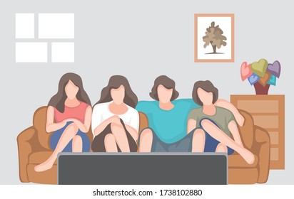 Happy family watching television sitting on the couch at home. 
Vector illustration in a flat style