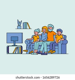 Happy family watching television together. People watch tv in living room flat vector illustration. Parents and children get entertainment, relax, watching show channel, movie, film sitting on couch