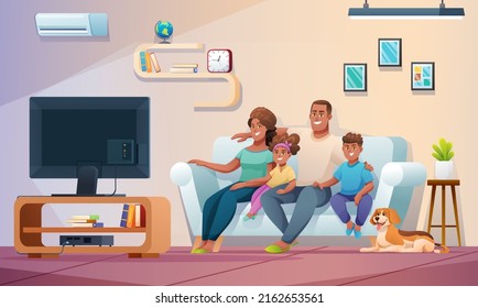 Happy family watching television together in living room. Family illustration in cartoon style