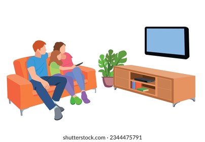 Happy family watching television together in living room. Family illustration in cartoon style