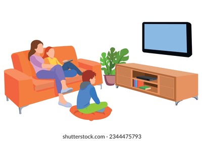 Happy family watching television together in living room. Family illustration in cartoon style