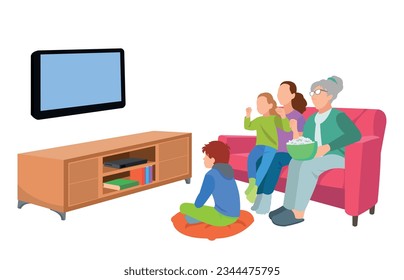 Happy family watching television together in living room. Family illustration in cartoon style