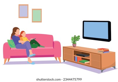 Happy family watching television together in living room. Family illustration in cartoon style