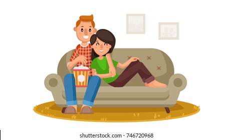 Happy Family Watching Television Vector. Person Sitting On The Couch And Relaxing At Home. Family Leisure. Online Home Cinema. Isolated Flat Cartoon Character Illustration
