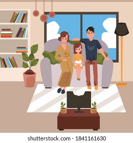 Happy family watching TV in a cozy room. Dad mom and daughter spend weekends or leisure time at home sitting on the couch and watching a movie or cartoon. Vector cartoon illustration