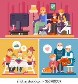 Happy family! Watching TV, Having a dinner in a restaurant, Granny and Grandpa giving a present to their granddaughter!  Flat vector stock illustration set. 