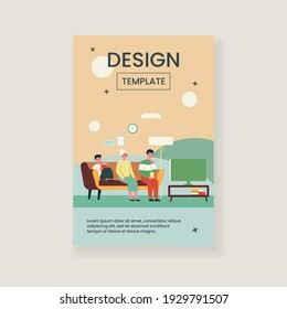 Happy family watching TV at home. Grandma, child and man sitting on couch in living room flat vector illustration. Leisure time, movie, show concept for banner, website design or landing web page