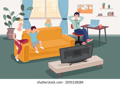 Happy Family Watching TV At Home Together. Mom, Dad, Son And Daughter. Household Family Leisure. Vector Illustration