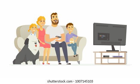 Happy family watching TV - modern cartoon people characters illustration isolated on white background. Mother with two children, husband, bobtail dog sitting together on a sofa, having a good time