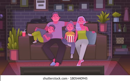Happy family watching TV. Mom, dad, daughter and son are sitting on the couch and watching a movie. Vector illustration in flat style