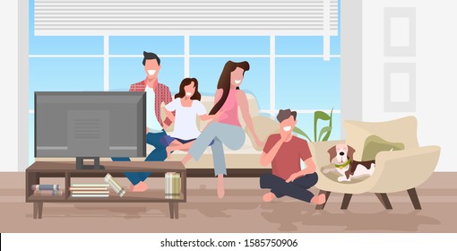 happy family watching tv parents and children with dog spending time together modern living room interior full length horizontal vector illustration