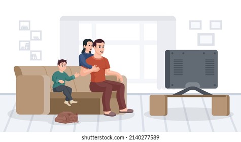 Happy family watching tv together vector flat illustration. Smiling cartoon mother, father and children relaxing at cozy living room. Home entertainment concept