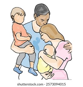 Happy family watercolor line drawing, family vector illustration