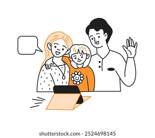 Família feliz ondas mão cumprimenta amigo durante chamada via tablet. Pais com comunicação infantil ilustração de personagem on-line em branco
