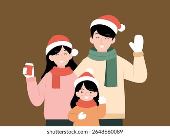 Happy family waving and smiling in Christmas winter outfit