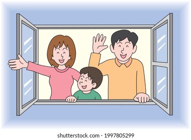 Happy Family Waving From The Window Of The House