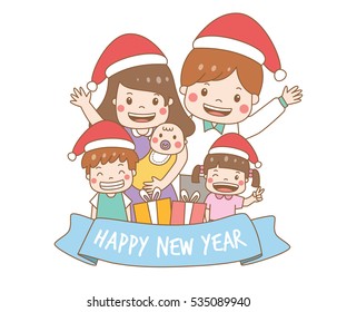 Happy family wear christmas hats in new year festival with outline stroke